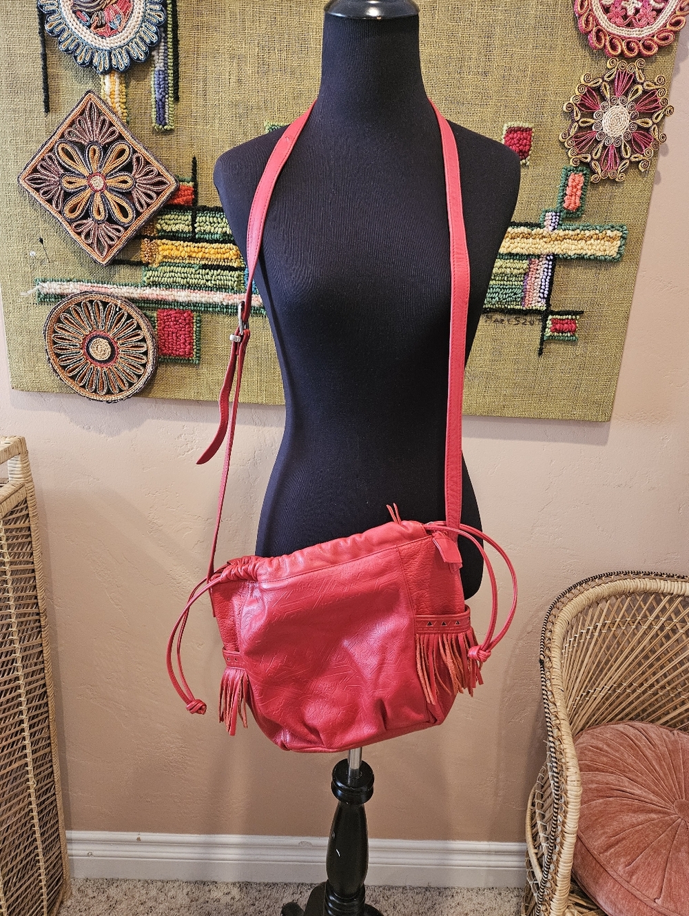 Vintage 80s Bright Red Leather Pull String Crossbody Bag